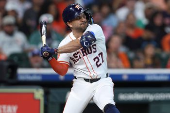 Aug 12, 2025; Houston, Texas, USA; Houston Astros designated hitter Jose Altuve (27) bats during the game against the Boston Red Sox at Daikin Park. Mandatory Credit: Troy Taormina-Imagn Images