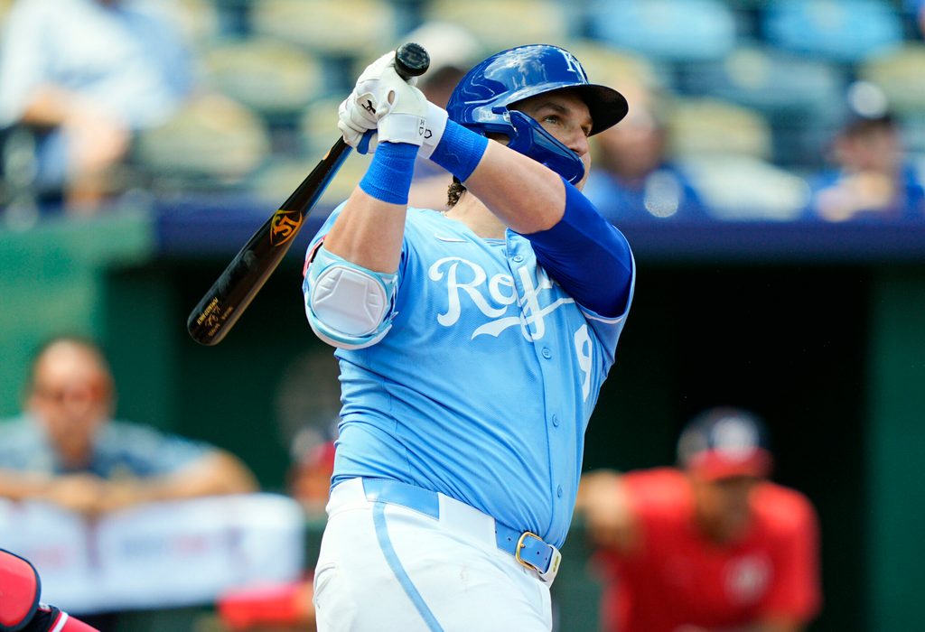 Aug 13, 2025; Kansas City, Missouri, USA; Kansas City Royals first baseman Vinnie Pasquantino (9) hits a home run during the fourth inning against the Washington Nationals at Kauffman Stadium. Mandatory Credit: Jay Biggerstaff-Imagn Images