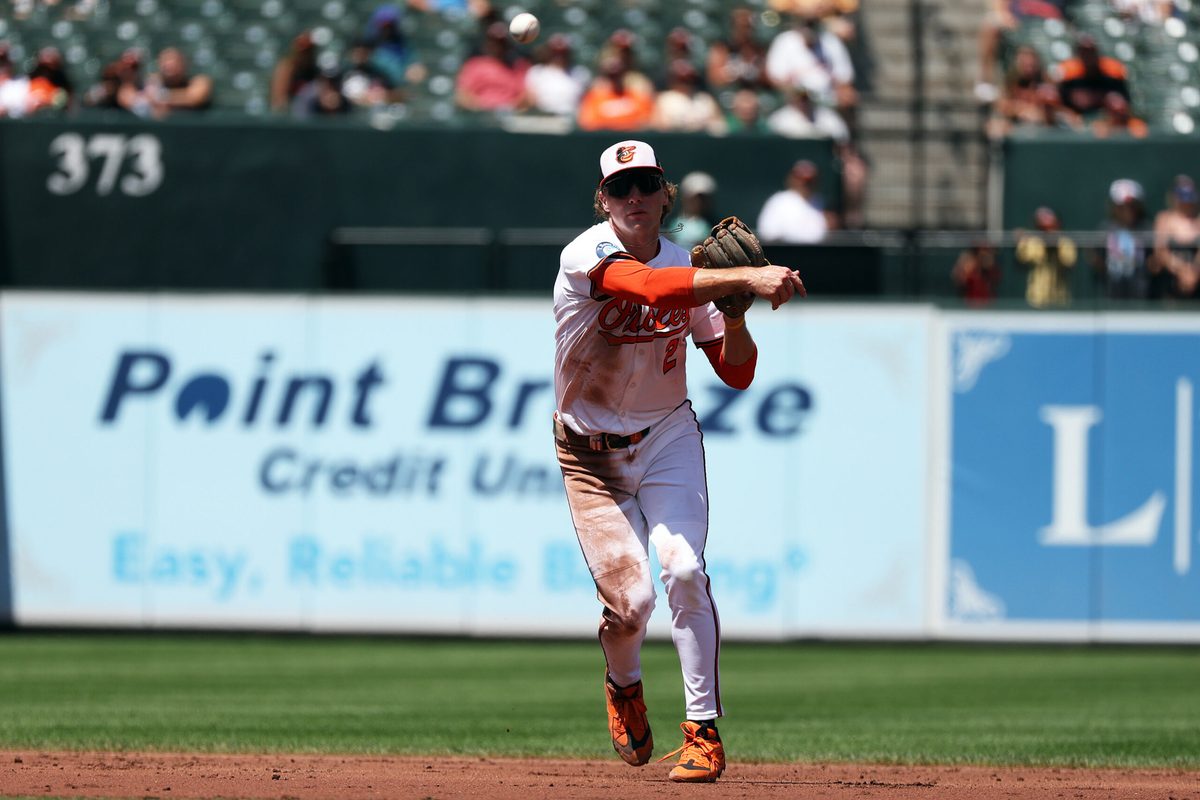 Aug 10, 2025; Baltimore, Maryland, USA; Baltimore Orioles shortstop Gunnar Henderson (2) throws to first for an out during the second inning against the Athletics at Oriole Park at Camden Yards. Mandatory Credit: Daniel Kucin Jr.-Imagn Images