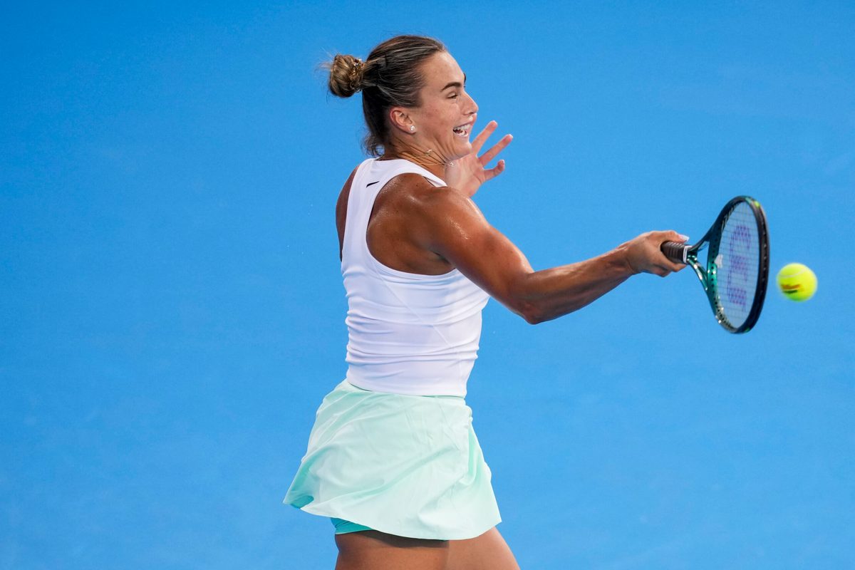 Aug 13, 2025; Cincinnati, OH, USA; Aryna Sabalenka (BLR) returns a shot against Jessica Bouzas Maneiro (ESP) during the Cincinnati Open at the Lindner Family Tennis Center. Mandatory Credit: Aaron Doster-Imagn Images