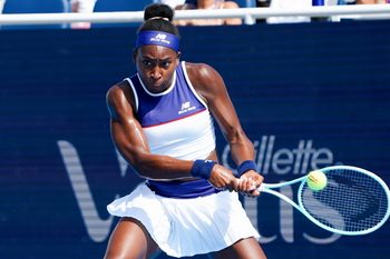 Coco Gauff returns a serve to Lucia Bronzetti in the Cincinnati Open fourth round match between Coco Gauff and Lucia Bronzetti, Thursday, Aug. 14, 2025, at the Lindner Family Tennis Center in Mason. Gauff won 6-2, 6-4.