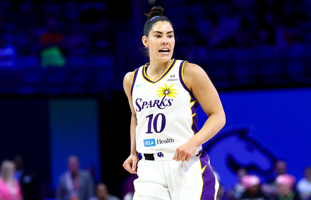 Aug 15, 2025; Arlington, Texas, USA; Los Angeles Sparks guard Kelsey Plum (10) reacts after scoring against the Dallas Wings during the first half at College Park Center. Mandatory Credit: Kevin Jairaj-Imagn Images