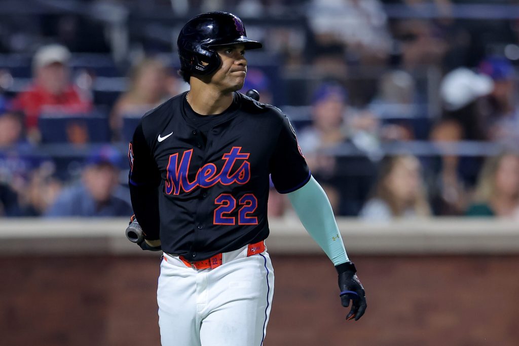 Aug 15, 2025; New York City, New York, USA; New York Mets right fielder Juan Soto (22) reacts after striking out during the ninth inning against the Seattle Mariners at Citi Field. Mandatory Credit: Brad Penner-Imagn Images