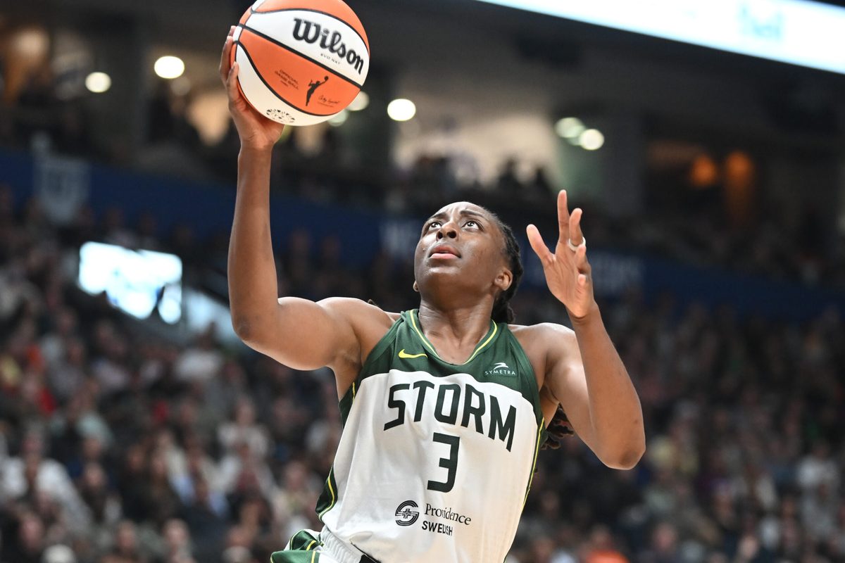 Aug 15, 2025; Vancouver, British Columbia, CAN;  Seattle Storm forward Nneka Ogwumike (3) drives to the basket  against the Atlanta Dream during the second half at Rogers Arena. Mandatory Credit: Anne-Marie Sorvin-Imagn Images