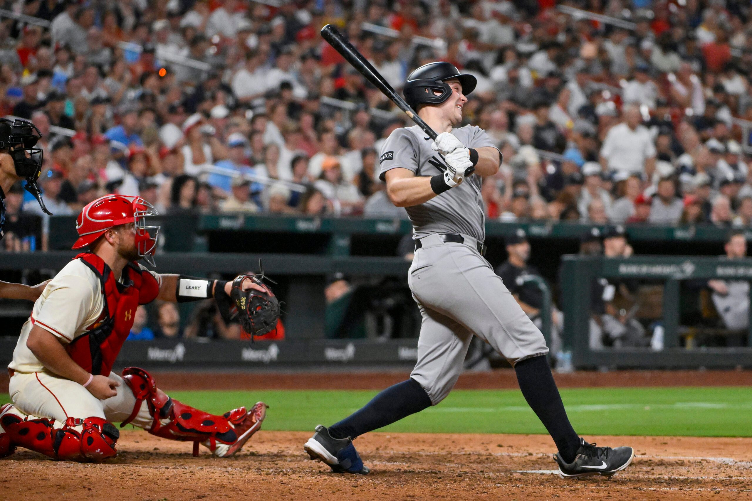 Aug 16, 2025; St. Louis, Missouri, USA; New York Yankees first baseman Ben Rice (22) hits a three run double against the St. Louis Cardinals during the sixth inning at Busch Stadium. Mandatory Credit: Jeff Curry-Imagn Images