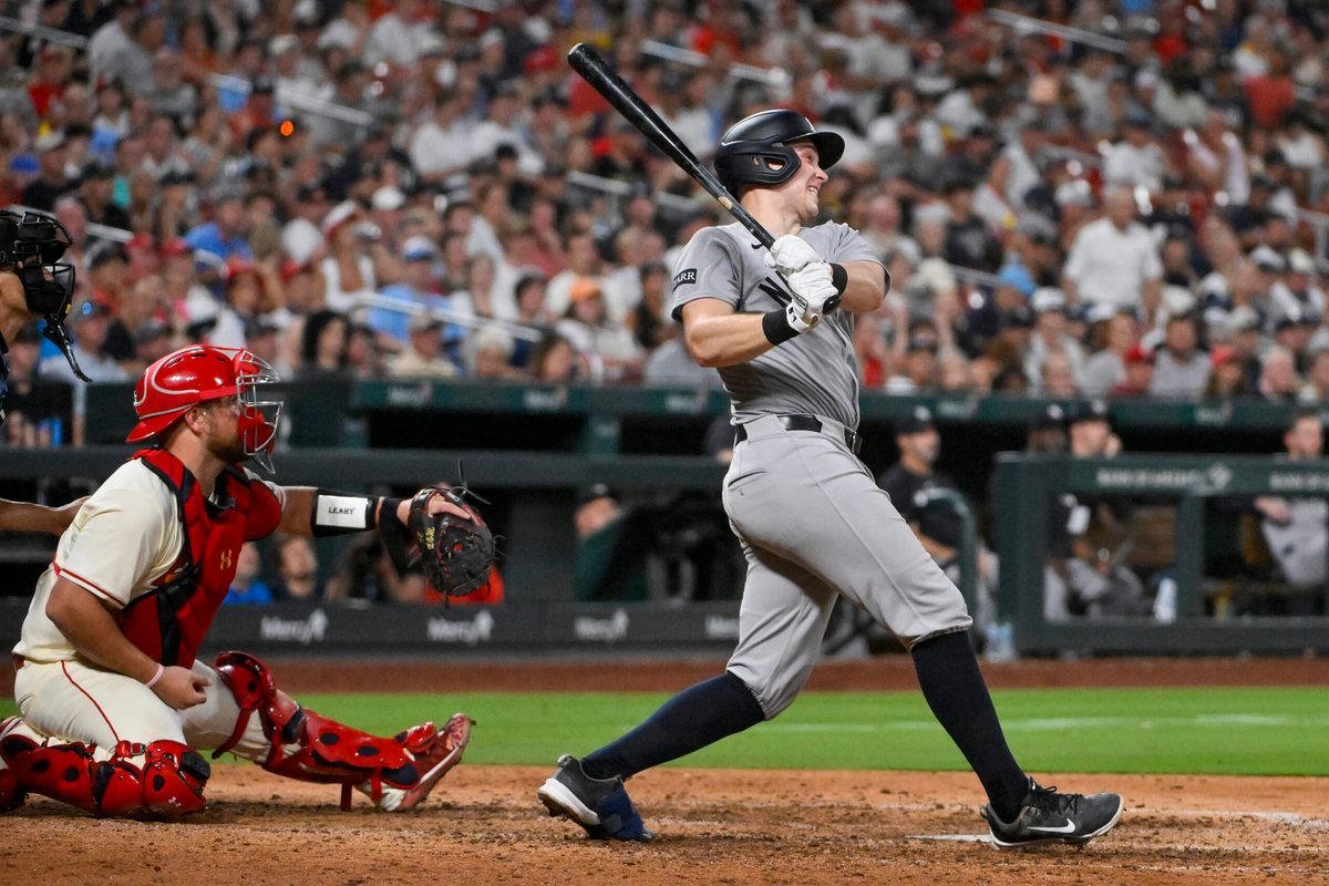Aug 16, 2025; St. Louis, Missouri, USA; New York Yankees first baseman Ben Rice (22) hits a three run double against the St. Louis Cardinals during the sixth inning at Busch Stadium. Mandatory Credit: Jeff Curry-Imagn Images