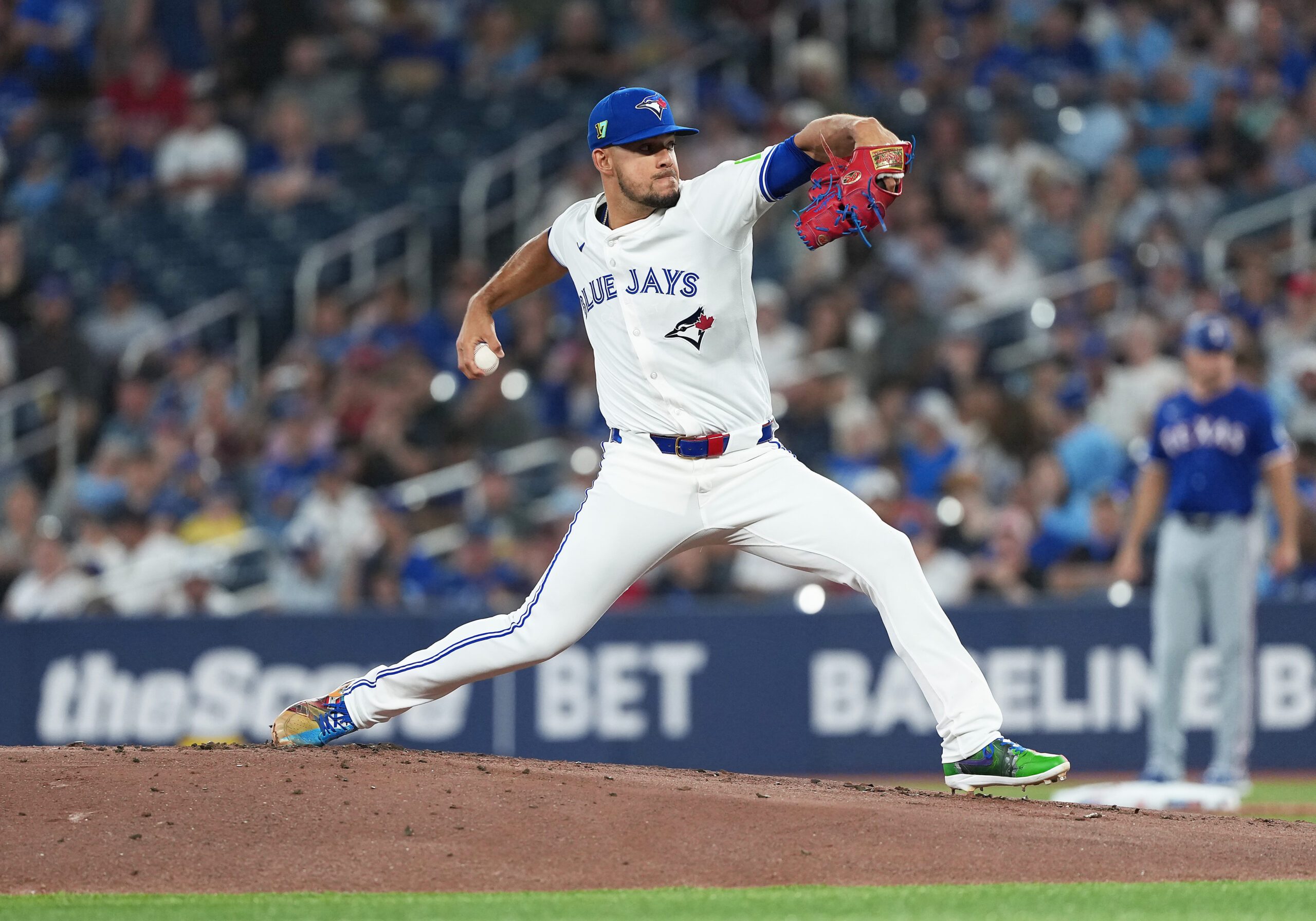 Aug 17, 2025; Toronto, Ontario, CAN; Toronto Blue Jays starting pitcher Jose Berrios (17) throws a pitch against the Texas Rangers during the first inning at Rogers Centre. Mandatory Credit: Nick Turchiaro-Imagn Images