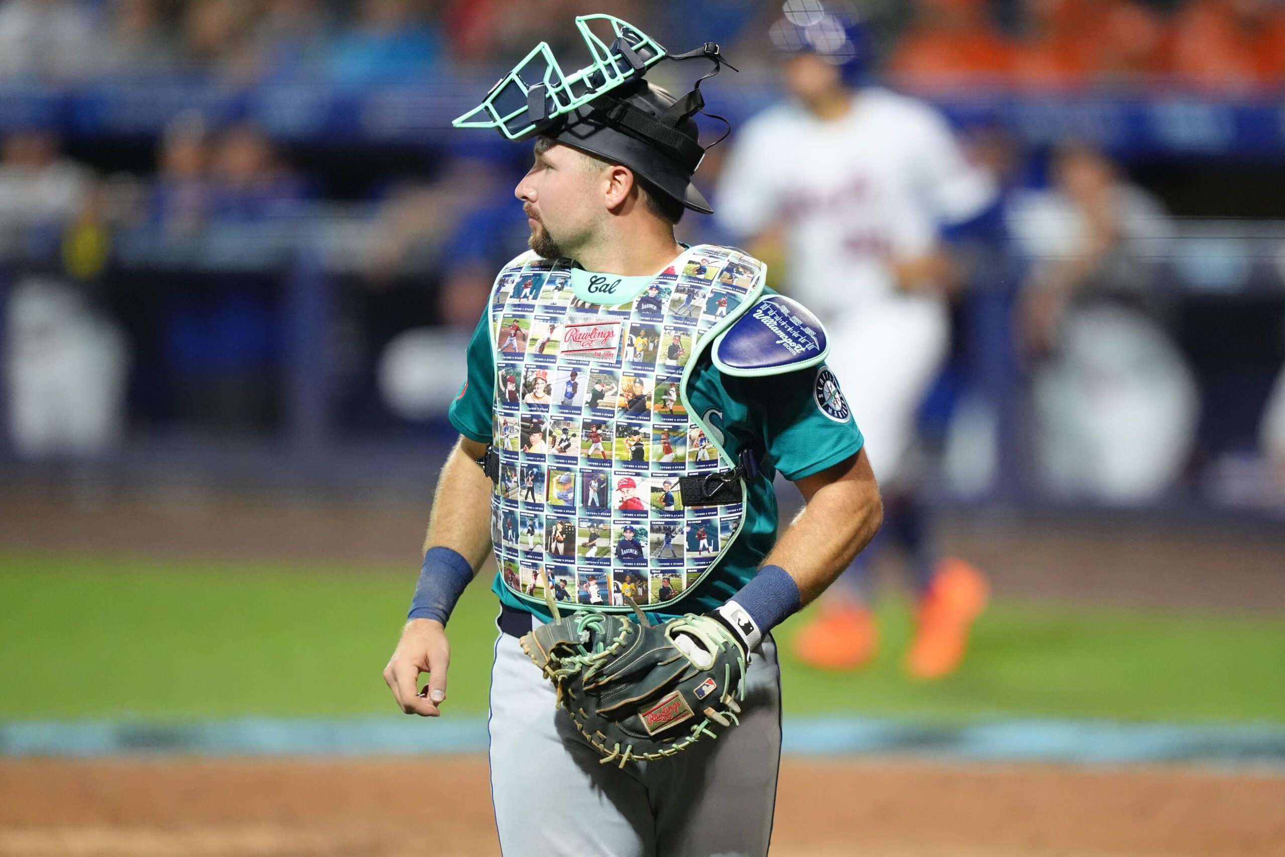 Aug 17, 2025; Williamsport, Pennsylvania, USA; Seattle Mariners catcher Cal Raleigh (29) looks on against the New York Mets in the seventh inning at Journey Bank Ballpark at Historic Bowman Field. Mandatory Credit: Kyle Ross-Imagn Images