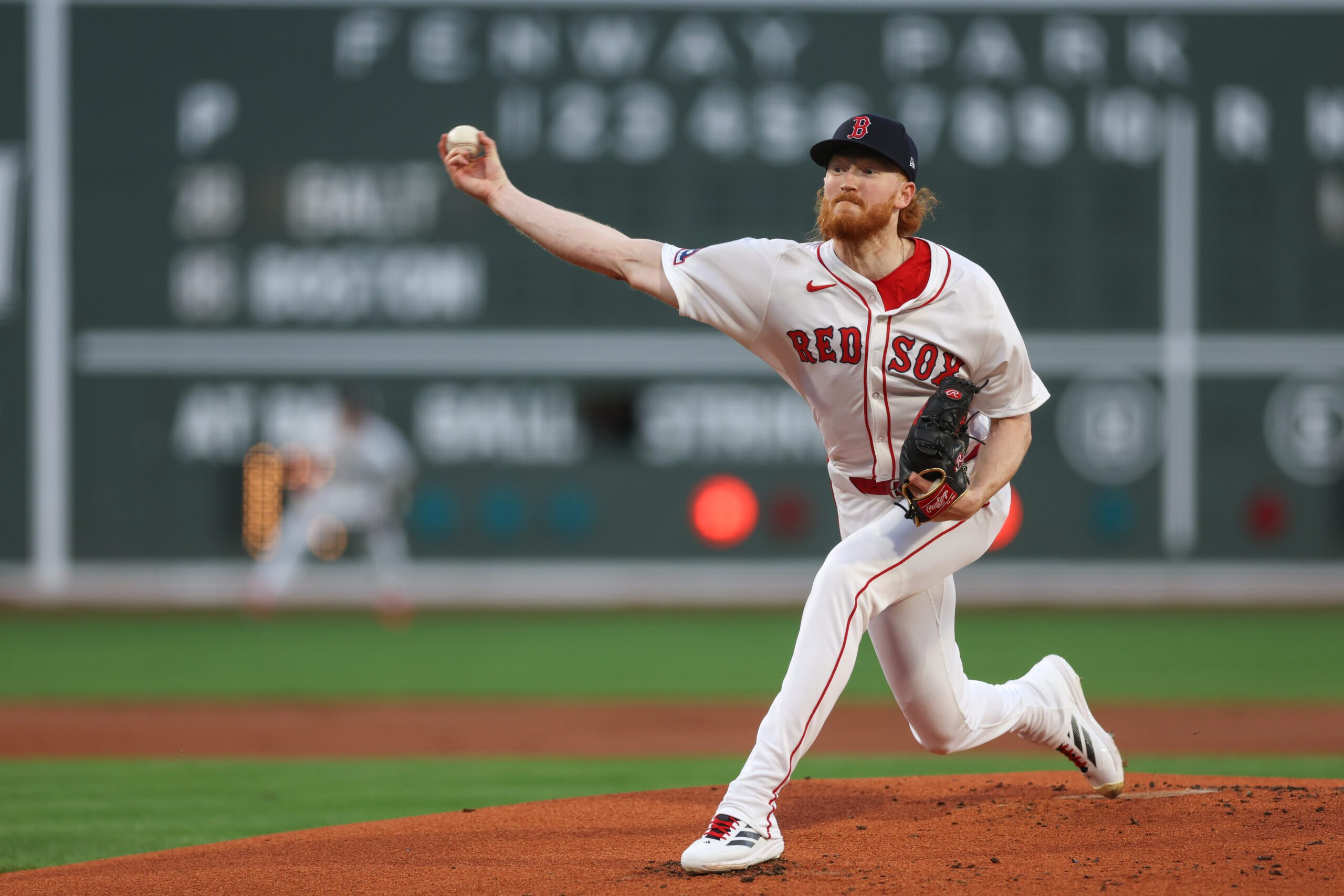 Aug 18, 2025; Boston, Massachusetts, USA; Boston Red Sox starting pitcher Dustin May (85) delivers a pitch during the first inning against the Baltimore Orioles at Fenway Park. Mandatory Credit: Paul Rutherford-Imagn Images