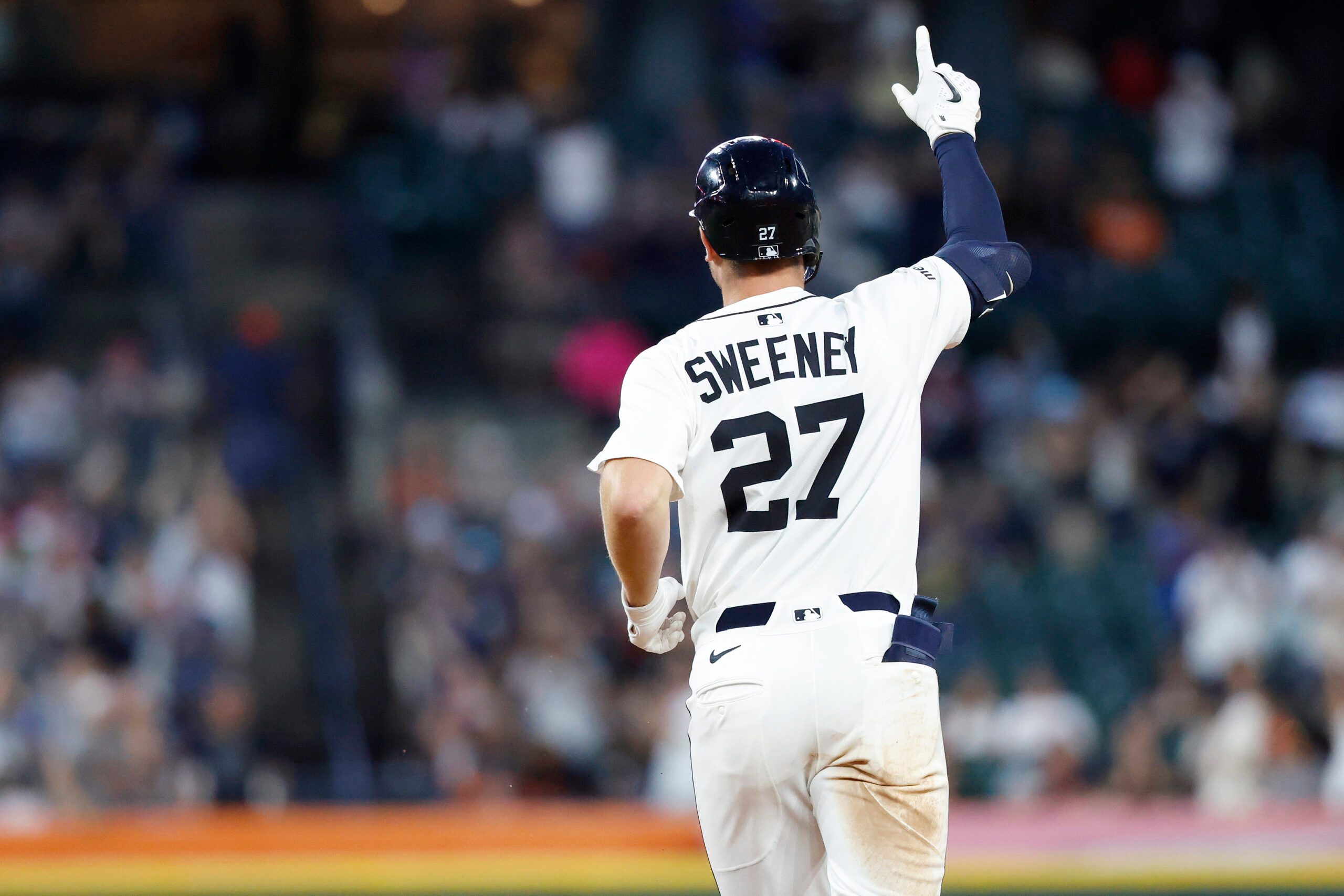 Aug 18, 2025; Detroit, Michigan, USA; Detroit Tigers shortstop Trey Sweeney (27) celebrates after hitting a three run home run in the seventh inning against the Houston Astros at Comerica Park. Mandatory Credit: Rick Osentoski-Imagn Images
