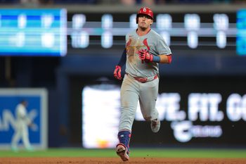 Aug 18, 2025; Miami, Florida, USA; St. Louis Cardinals third baseman Nolan Gorman (16) circles the bases after hitting a two-run home run against the Miami Marlins during the ninth inning at loanDepot Park. Mandatory Credit: Sam Navarro-Imagn Images