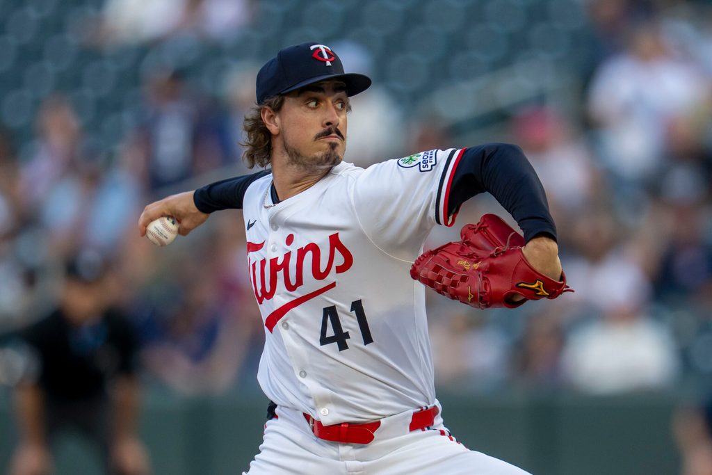 Aug 19, 2025; Minneapolis, Minnesota, USA; Minnesota Twins starting pitcher Joe Ryan (41) delivers a pitch against the Athletics in the first inning at Target Field. Mandatory Credit: Jesse Johnson-Imagn Images