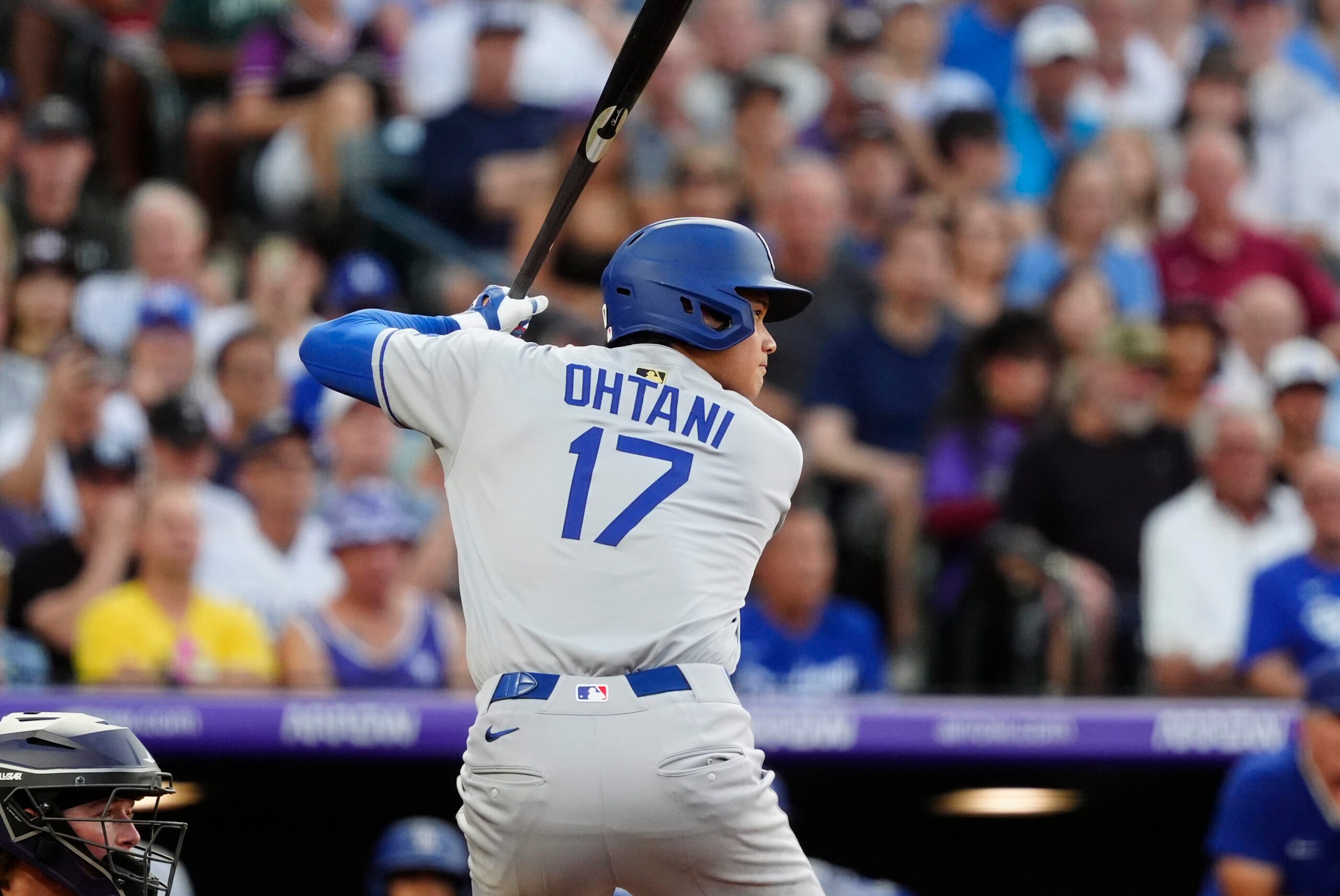 Aug 20, 2025; Denver, Colorado, USA; Los Angeles Dodgers two-way player Shohei Ohtani (17) at the plate the third inning against the Colorado Rockies at Coors Field. Mandatory Credit: Ron Chenoy-Imagn Images