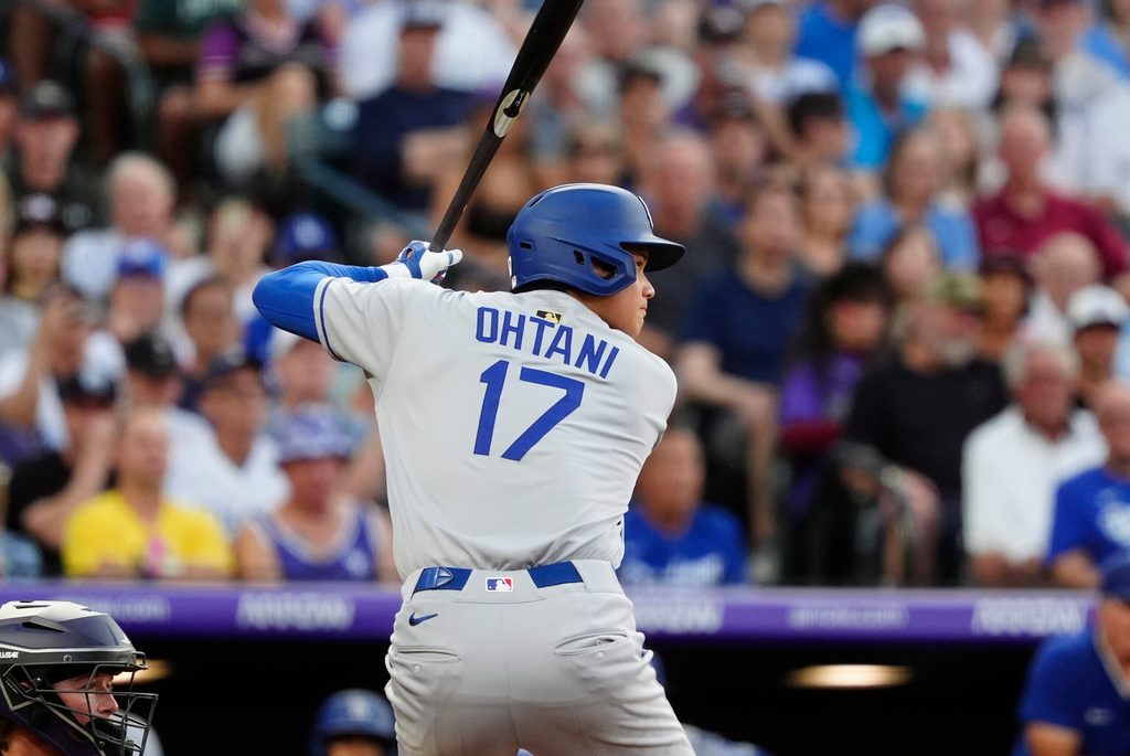 Aug 20, 2025; Denver, Colorado, USA; Los Angeles Dodgers two-way player Shohei Ohtani (17) at the plate the third inning against the Colorado Rockies at Coors Field. Mandatory Credit: Ron Chenoy-Imagn Images