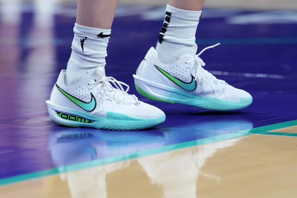 Aug 20, 2025; Los Angeles, California, USA; A detailed view of the Nike G.T. 3 Cut 3 shoes worn by Dallas Wings guard Paige Bueckers (5) against the LA Sparks in the first half at Crypto.com Arena. Mandatory Credit: Kirby Lee-Imagn Images