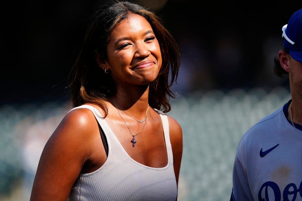 Aug 21, 2025; Denver, Colorado, USA; Los Angeles Dodgers sideline reporter Kirsten Watson following the win over the against the Colorado Rockies at Coors Field. Mandatory Credit: Ron Chenoy-Imagn Images