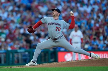 Aug 23, 2025; Philadelphia, Pennsylvania, USA; Washington Nationals pitcher Mitchell Parker (70) delivers a pitch against the Philadelphia Phillies during the second inning at Citizens Bank Park. Mandatory Credit: Gregory Fisher-Imagn Images
