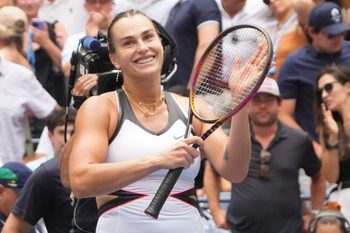 Aug 24, 2025; Flushing, NY, USA;  Aryna Sabalenka after beating Rebeka Masarova of Switzerland on day one of the 2025 U.S. Open tennis tournament at the USTA Billie Jean King National Tennis Center. Mandatory Credit: Robert Deutsch-Imagn Images