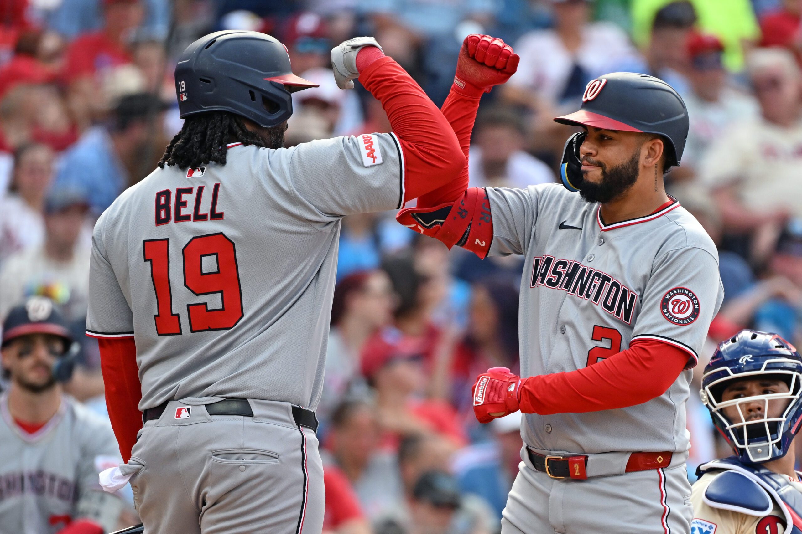 Aug 24, 2025; Philadelphia, Pennsylvania, USA; Washington Nationals second base Luis García Jr. (2) celebrates his home run with first base Josh Bell (19) during the ninth inning against the Philadelphia Phillies at Citizens Bank Park. Mandatory Credit: Eric Hartline-Imagn Images