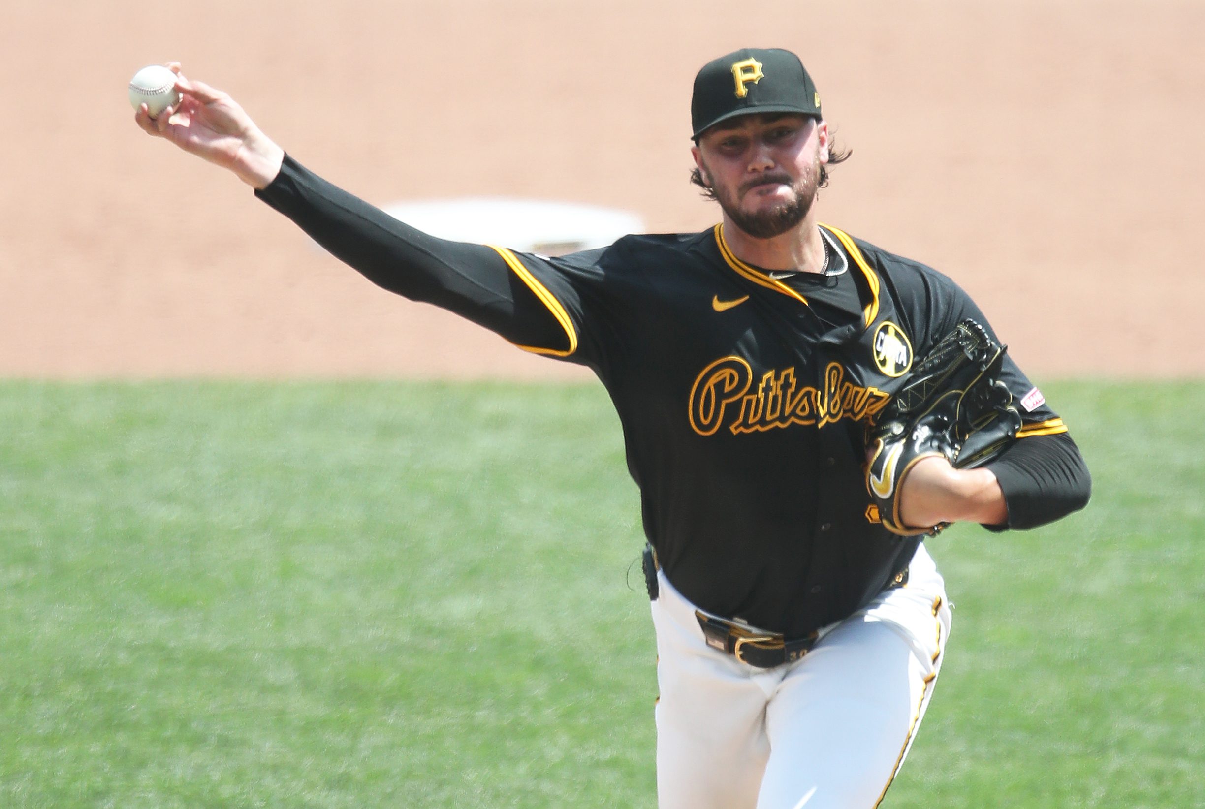 Aug 24, 2025; Pittsburgh, Pennsylvania, USA; Pittsburgh Pirates starting pitcher Paul Skenes (30) pitches against the Colorado Rockies during the sixth inning at PNC Park. Mandatory Credit: Charles LeClaire-Imagn Images