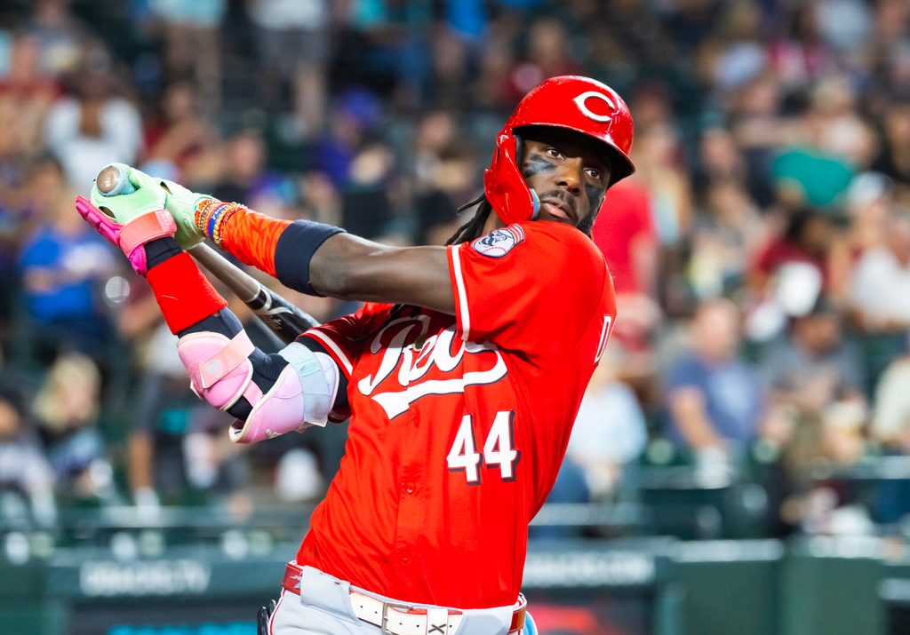 Aug 24, 2025; Phoenix, Arizona, USA; Cincinnati Reds shortstop Elly De La Cruz against the Arizona Diamondbacks at Chase Field. Mandatory Credit: Mark J. Rebilas-Imagn Images