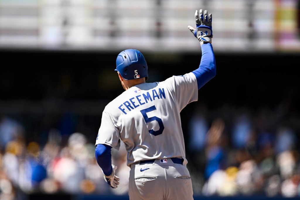 Aug 24, 2025; San Diego, California, USA; Los Angeles Dodgers first baseman Freddie Freeman (5) rounds the bases after hitting a solo home run during the sixth inning against the San Diego Padres at Petco Park. Mandatory Credit: Denis Poroy-Imagn Images