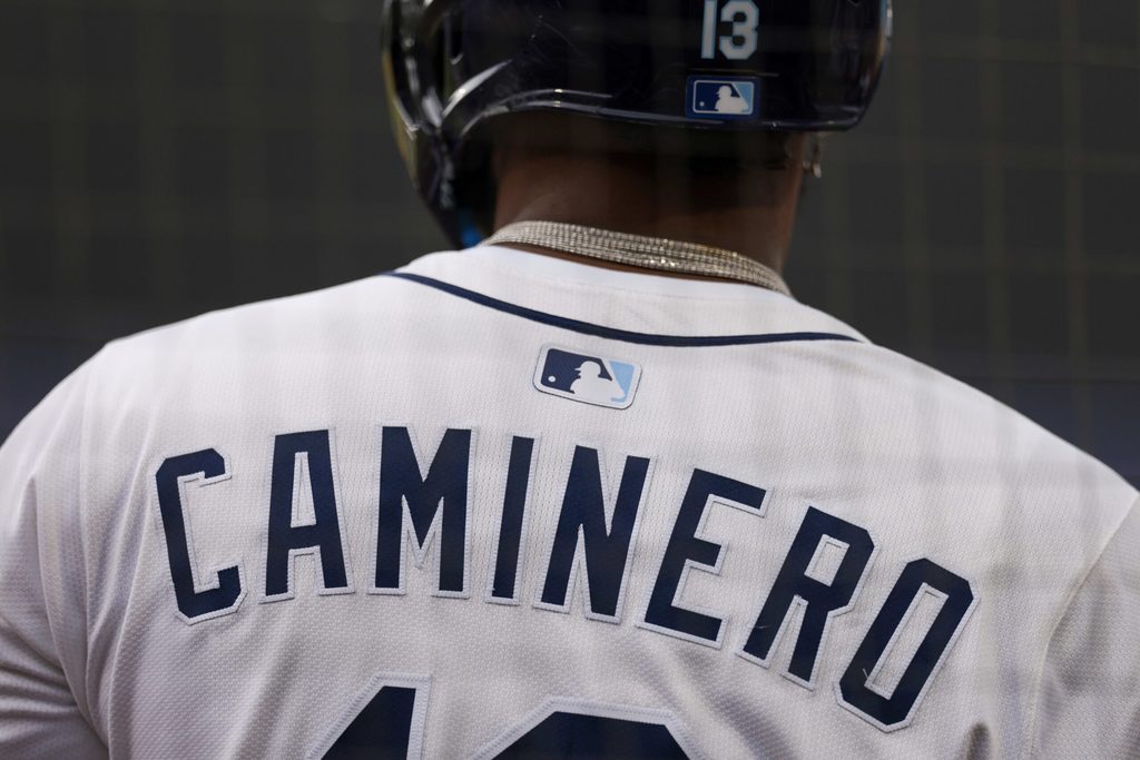 Aug 24, 2025; Tampa, Florida, USA; Tampa Bay Rays third baseman Junior Caminero (13) looks on against the St. Louis Cardinals in the third inning at George M. Steinbrenner Field. Mandatory Credit: Nathan Ray Seebeck-Imagn Images