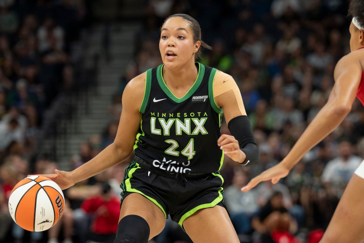 Aug 24, 2025; Minneapolis, Minnesota, USA; Minnesota Lynx forward Napheesa Collier (24) dribbles the ball against the Indiana Fever in the first half at Target Center. Mandatory Credit: Jesse Johnson-Imagn Images