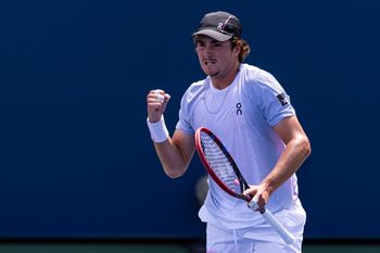 Aug 25, 2025; Flushing, NY, USA; Joao Fonseca of Brazil celebrates his victory over Miomir Kecmanovic of Serbia in the first round of the men’s singles at the US Open at Billie Jean King National Tennis Centre. Mandatory Credit: Mike Frey-Imagn Images