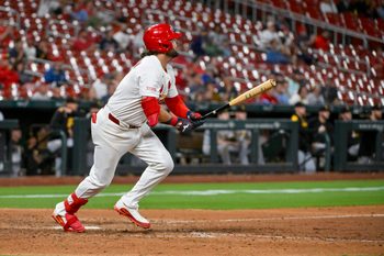 Aug 25, 2025; St. Louis, Missouri, USA;  St. Louis Cardinals first baseman Alec Burleson (41) hits a walk-off solo home run against the Pittsburgh Pirates during the ninth inning at Busch Stadium. Mandatory Credit: Jeff Curry-Imagn Images
