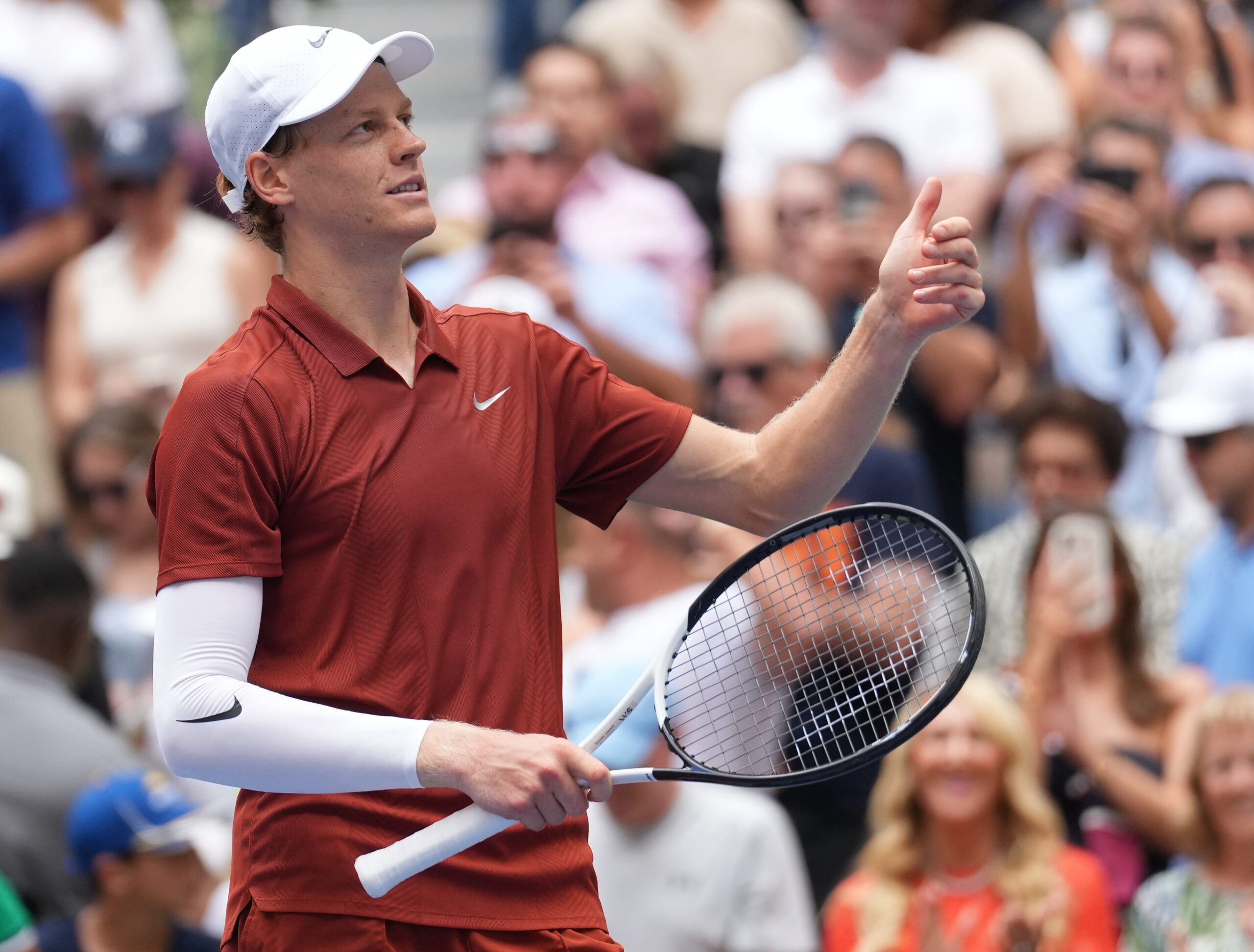 Aug 26, 2025; Flushing, NY, USA;  Jannik Sinner (ITA) after beating Vit Kopriva (CZE) (not pictured) on day three of the 2025 U.S. Open tennis tournament at the USTA Billie Jean King National Tennis Center. Mandatory Credit: Robert Deutsch-Imagn Images