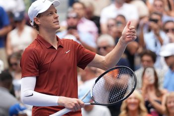 Aug 26, 2025; Flushing, NY, USA;  Jannik Sinner (ITA) after beating Vit Kopriva (CZE) (not pictured) on day three of the 2025 U.S. Open tennis tournament at the USTA Billie Jean King National Tennis Center. Mandatory Credit: Robert Deutsch-Imagn Images