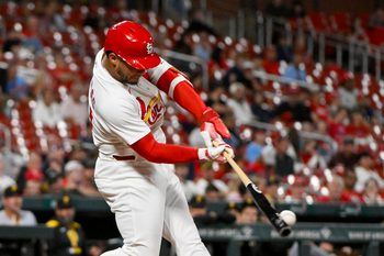 Aug 26, 2025; St. Louis, Missouri, USA;  St. Louis Cardinals first baseman Willson Contreras (40) drives in a run as he grounds out against the Pittsburgh Pirates during the sixth inning at Busch Stadium. Mandatory Credit: Jeff Curry-Imagn Images