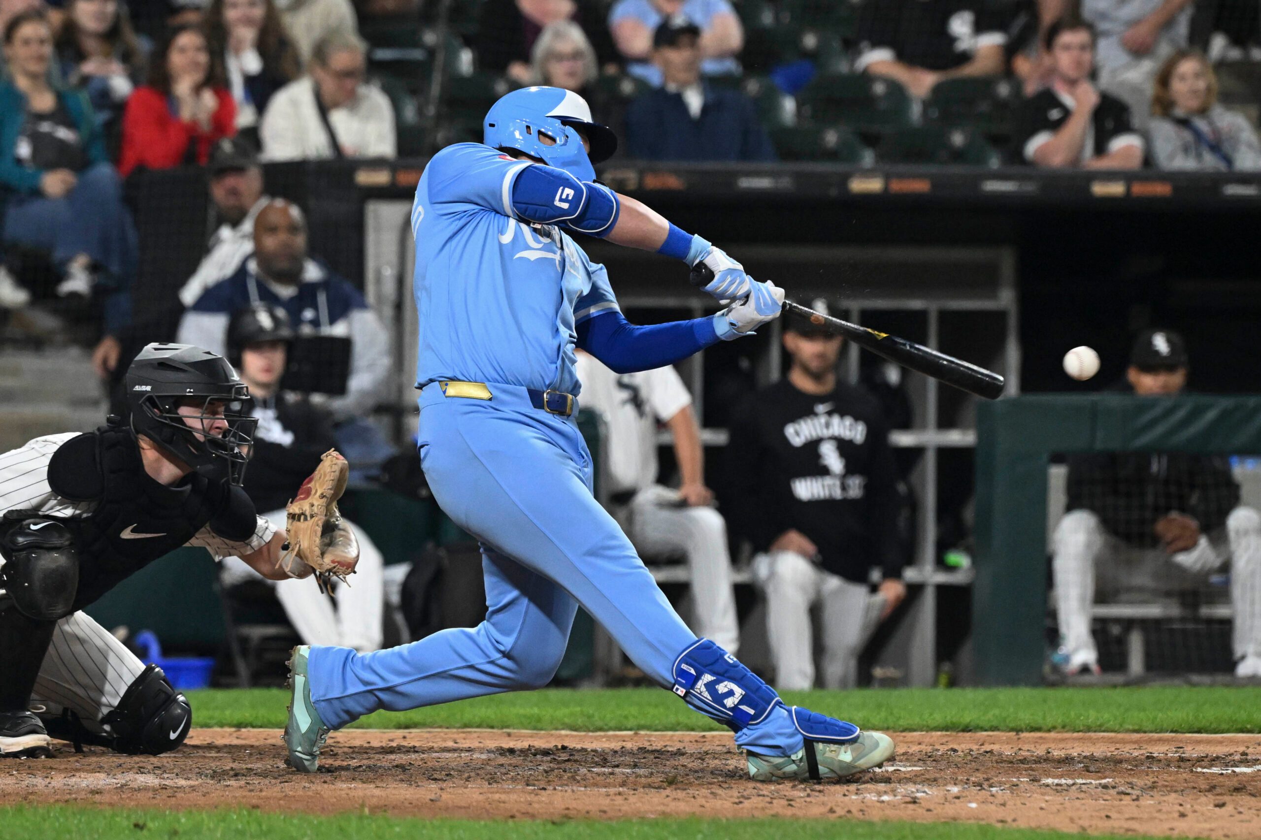 Aug 26, 2025; Chicago, Illinois, USA; Kansas City Royals first base Vinnie Pasquantino (9) singles during the ninth inning against the Kansas City Royals at Rate Field. Mandatory Credit: Matt Marton-Imagn Images