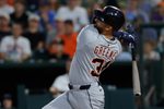 Aug 26, 2025; West Sacramento, California, USA; Detroit Tigers left fielder Riley Greene (31) hits a grand slam home run during the third inning against the Athletics at Sutter Health Park. Mandatory Credit: Sergio Estrada-Imagn Images