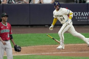 Milwaukee Brewers catcher William Contreras (24) hits a solo home run off of Arizona Diamondbacks pitcher Juan Burgos during the eighth inning of their game Wednesday, August 27, 2025 at American Family Field in Milwaukee, Wisconsin.