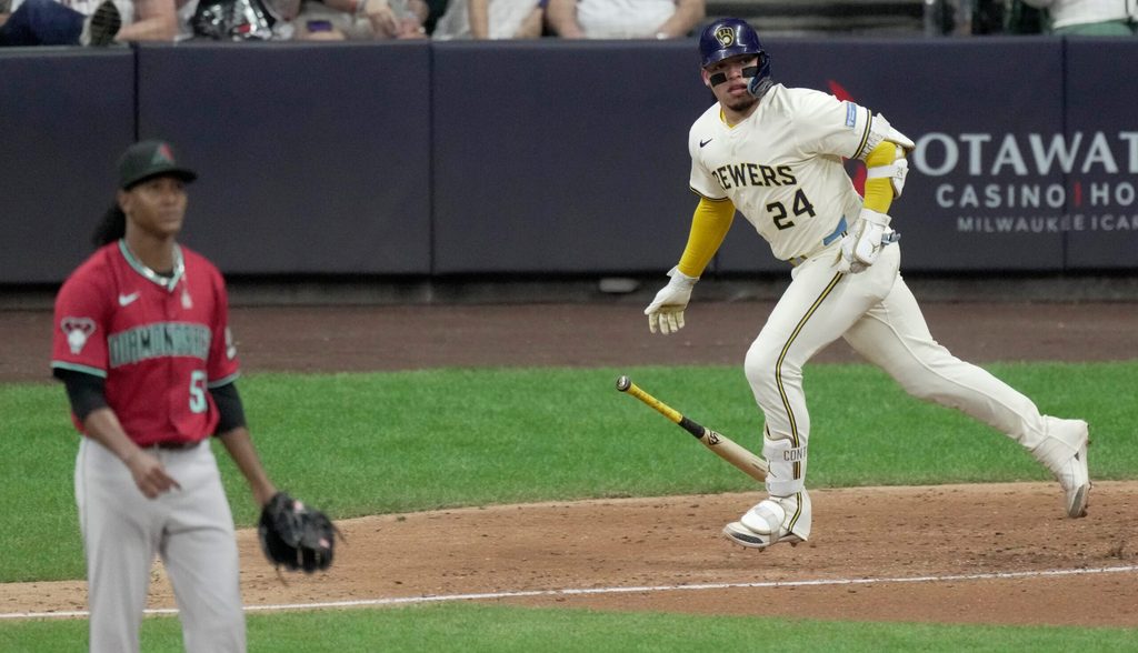 Milwaukee Brewers catcher William Contreras (24) hits a solo home run off of Arizona Diamondbacks pitcher Juan Burgos during the eighth inning of their game Wednesday, August 27, 2025 at American Family Field in Milwaukee, Wisconsin.