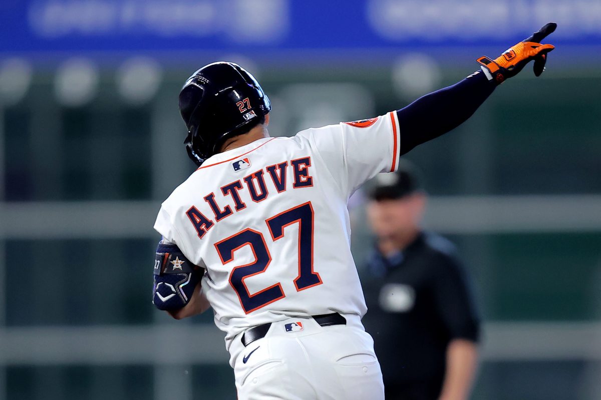 Aug 28, 2025; Houston, Texas, USA; Houston Astros designated hitter Jose Altuve (27) rounds the bases after hitting a solo home run against the Colorado Rockies during the first inning at Daikin Park. Mandatory Credit: Erik Williams-Imagn Images