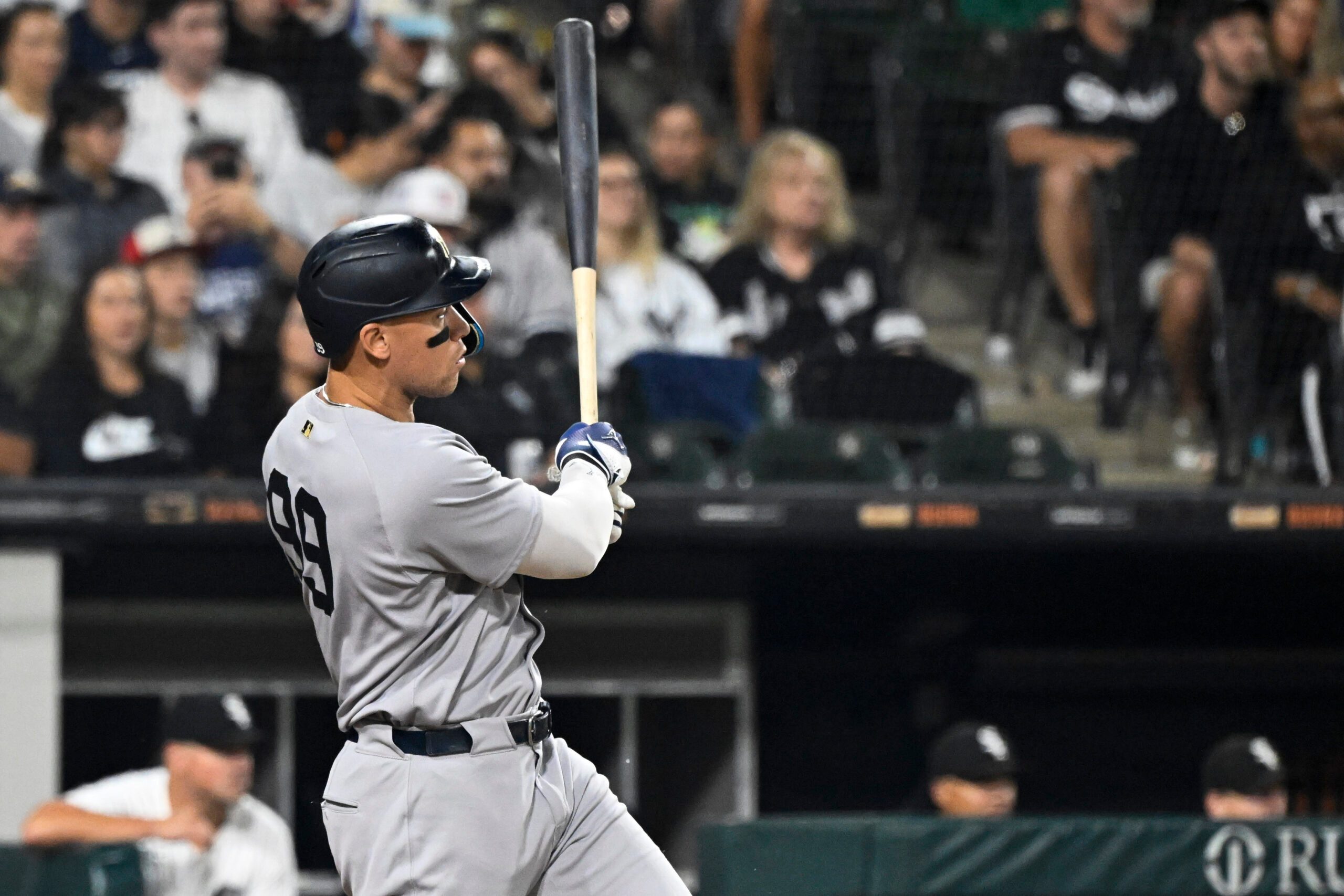 Aug 28, 2025; Chicago, Illinois, USA; New York Yankees outfielder Aaron Judge (99) singles against the Chicago White Sox during the fifth inning at Rate Field. Mandatory Credit: Matt Marton-Imagn Images