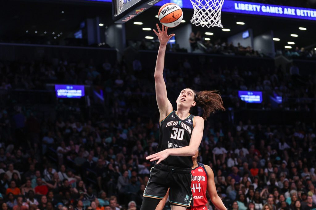 Aug 28, 2025; Brooklyn, New York, USA; New York Liberty forward Breanna Stewart (30) drives to the basket in the fourth quarter against the Washington Mystics at Barclays Center. Mandatory Credit: Wendell Cruz-Imagn Images
