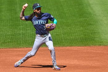 Aug 31, 2025; Cleveland, Ohio, USA; Seattle Mariners shortstop J.P. Crawford (3) throws to first base in the second inning against the Cleveland Guardians at Progressive Field. Mandatory Credit: David Richard-Imagn Images