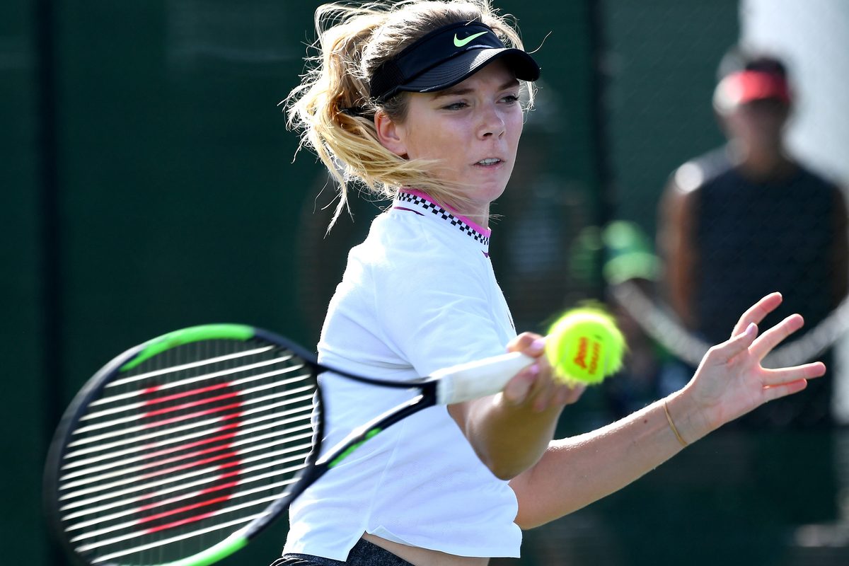 Mar 4, 2019; Indian Wells, CA, USA; Katie Boulter (BGR)  returns the ball during her first round qualifying match against Allie Kiick (not pictured) in the BNP Paribas Open at the Indian Wells Tennis Garden. Mandatory Credit: Jayne Kamin-Oncea-Imagn Images