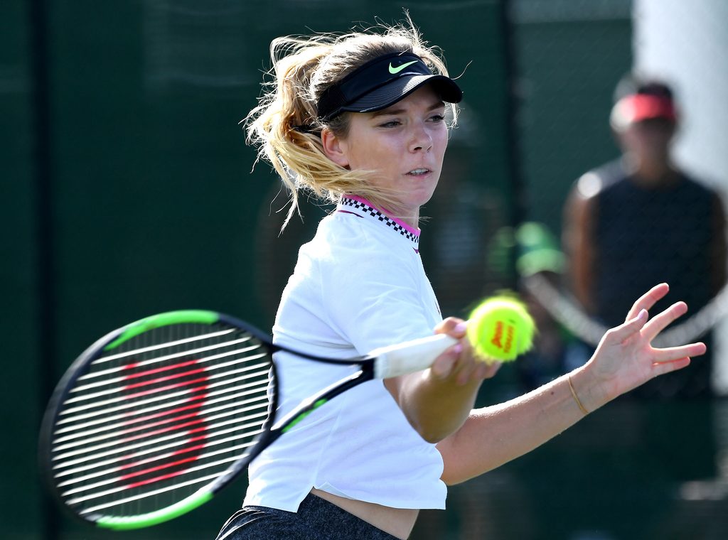 Mar 4, 2019; Indian Wells, CA, USA; Katie Boulter (BGR) returns the ball during her first round qualifying match against Allie Kiick (not pictured) in the BNP Paribas Open at the Indian Wells Tennis Garden. Mandatory Credit: Jayne Kamin-Oncea-Imagn Images