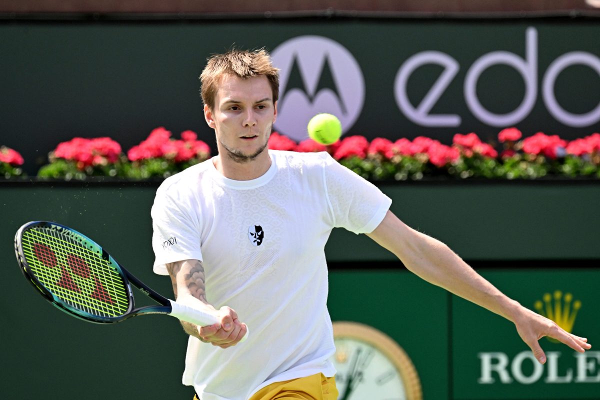 Mar 13, 2022; Indian Wells, CA, USA;  Alexander Bublik (KAZ) hits a shot against Andy Murray (GBR) during a second round match at the BNP Paribas Open at the Indian Wells Tennis Garden. Mandatory Credit: Jayne Kamin-Oncea-Imagn Images