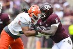 Sep 3, 2022; College Station, Texas, USA;  Texas A&M Aggies defensive lineman Anthony Lucas (8) and Sam Houston State Bearkats offensive lineman Moses Johnson (73) in action during the second half at Kyle Field. Mandatory Credit: Maria Lysaker-Imagn Images