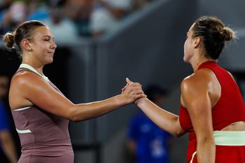Jan 21, 2024; Melbourne, Victoria, Australia; Amanda Anisimova of the United States shakes hands with Arnya Sabalenka of Belarus after losing to her in in the forth round of the women s singles at the Australian Open 2024. Mandatory Credit: Mike Frey-Imagn Images