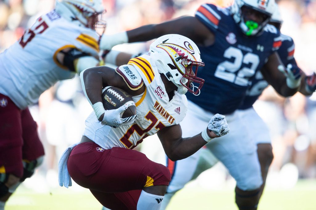 Louisiana-Monroe Warhawks running back Ahmad Hardy (22) runs the ball as Auburn Tigers take on Louisiana-Monroe Warhawks at Jordan-Hare Stadium in Auburn, Ala., on Saturday, Nov. 16, 2024. Auburn Tigers defeated Louisiana-Monroe Warhawks 48-14.