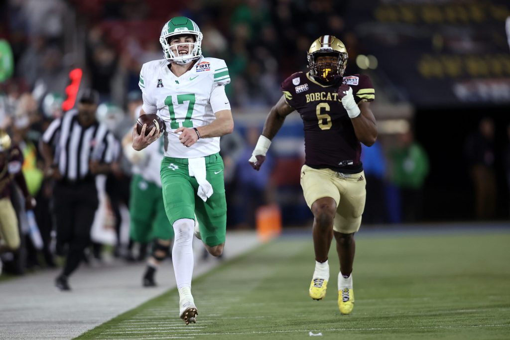 Jan 3, 2025; Dallas, TX, USA; North Texas Mean Green quarterback Drew Mestemaker (17) scores a touchdown against the Texas State Bobcats during the fourth quarter at Gerald J. Ford Stadium. Mandatory Credit: Tim Heitman-Imagn Images
