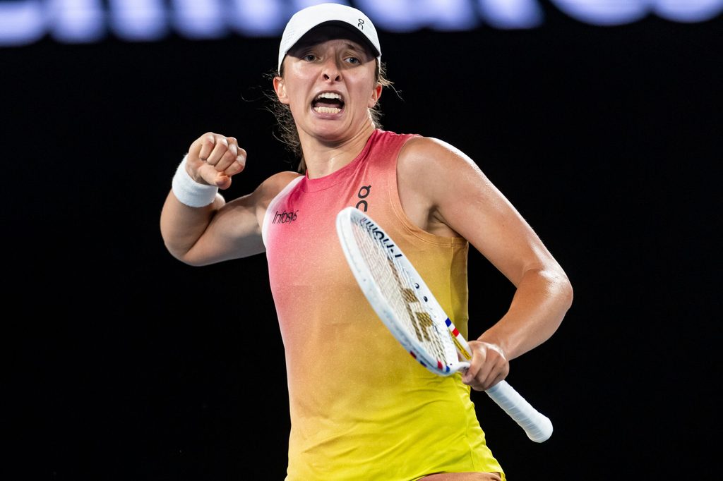 Jan 24, 2025; Melbourne, Victoria, Australia; Iga Swiatek of Poland celebrates during her match against Madison Keys of United States of America in the semifinals of the women's singles at the 2025 Australian Open at Melbourne Park. Mandatory Credit: Mike Frey-Imagn Images