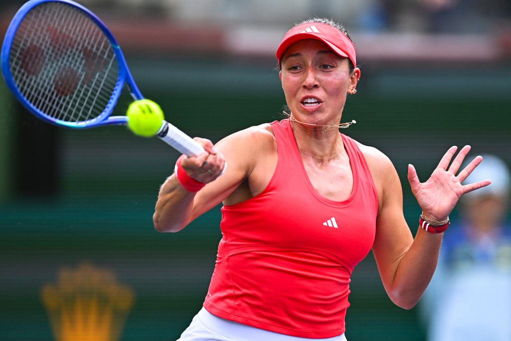 Mar 11, 2025; Indian Wells, CA, USA; Jessica Pegula (USA) hits a ball against Elina Svitolina (UKR) at Indian Well Tennis Garden. Mandatory Credit: Jonathan Hui-Imagn Images